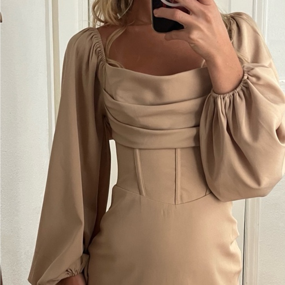 Princess Polly tan off the shoulder dress with puffy sleeves.